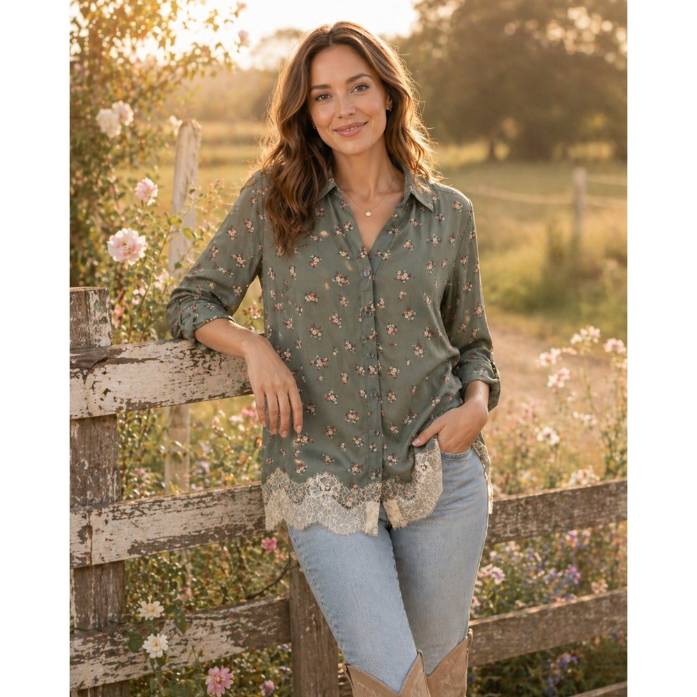Style & Co Semi Sheer Top Womens XS Floral Green Lace Hem Cottagecore Romantic